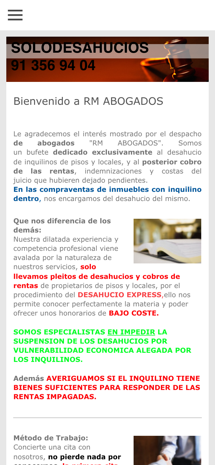 Captura de la web actual de RM Abogados · Solodesahucios en un móvil