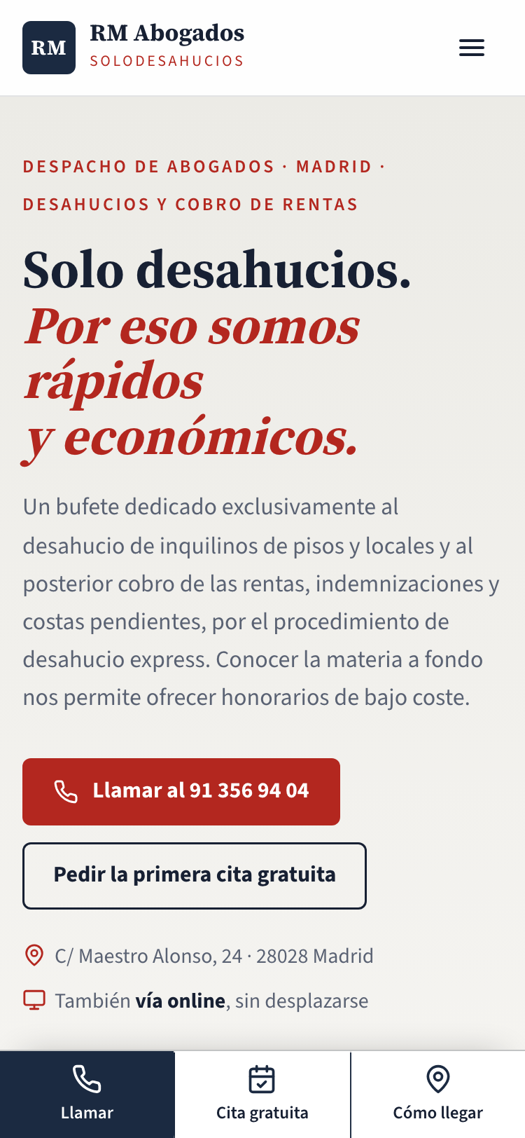 Captura de la web nueva de RM Abogados · Solodesahucios en un móvil